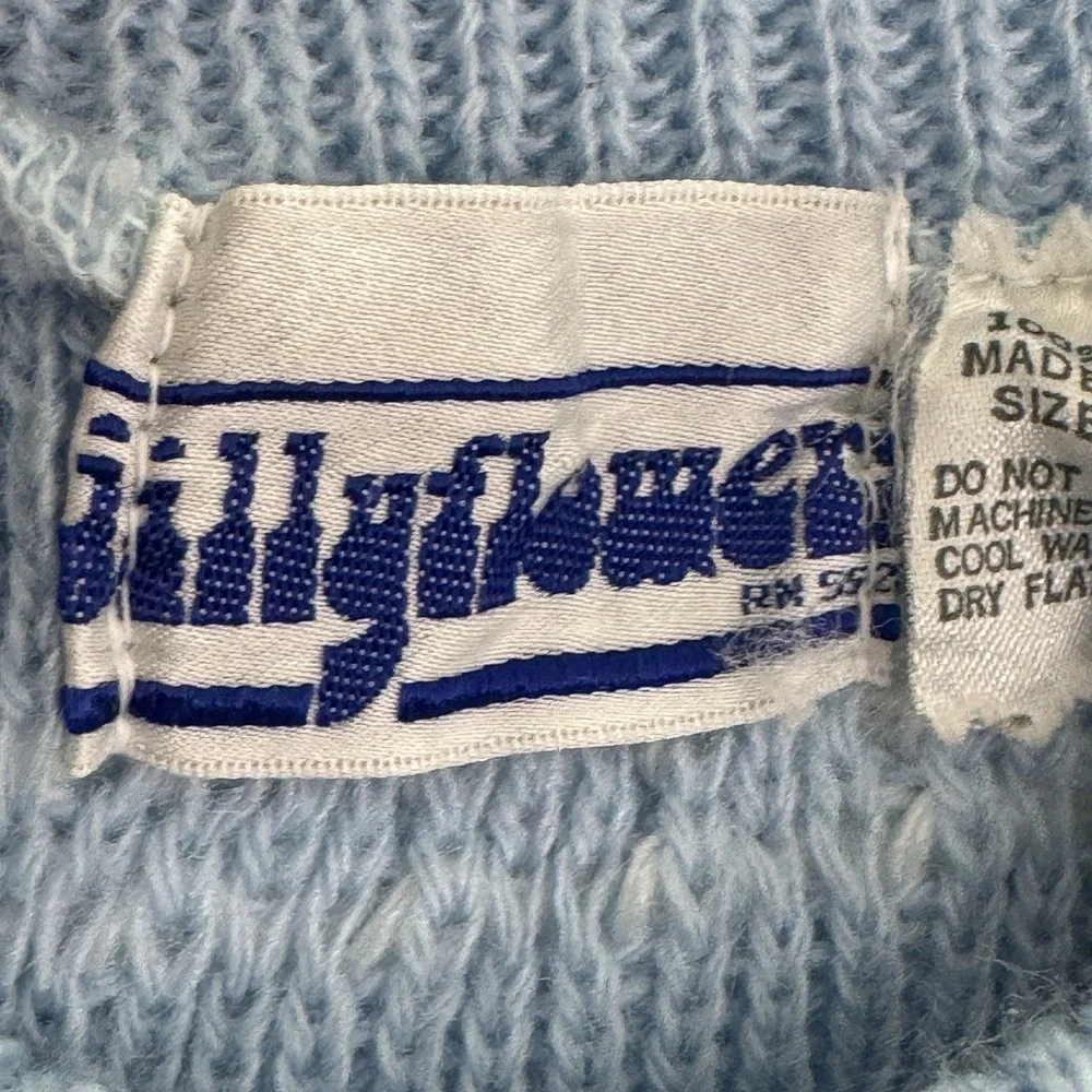 Vintage Blue Silly Flowers Hand Loomed Knit Sweater Acrylic With White Detail 18